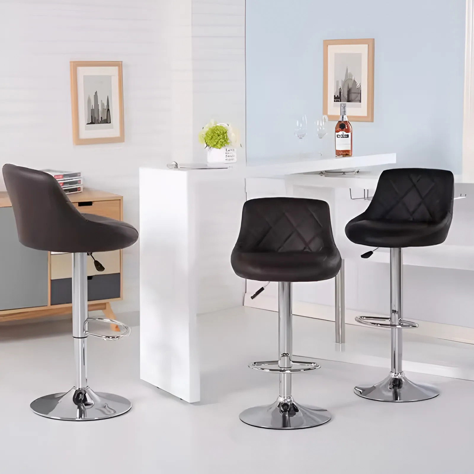 Barkruk met rugleuning - draaibaar - 60-80 cm - zwart gestikt