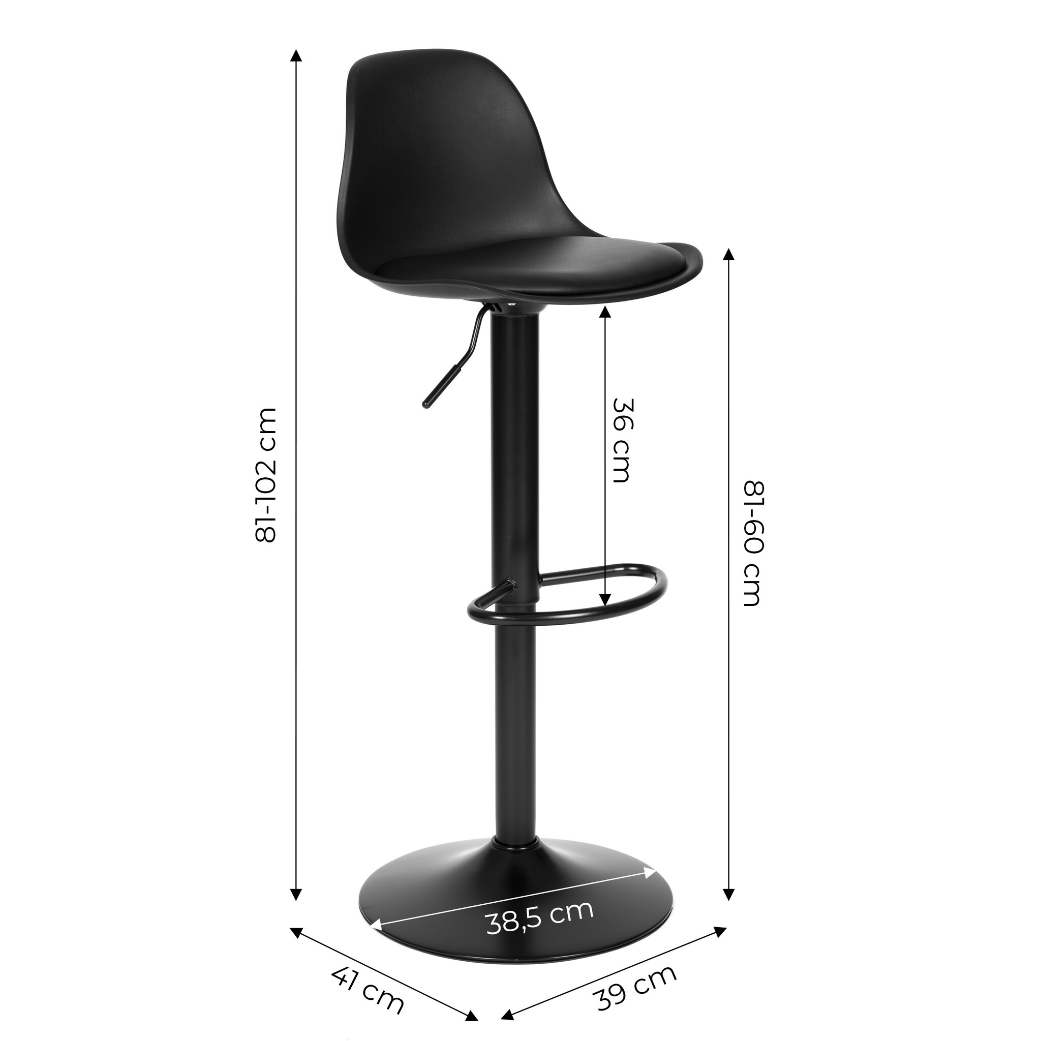 Barkruk met rugleuning - draaibaar - 60-80 cm - zwart glad