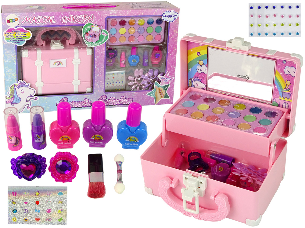 Make up set kinderen - roze eenhoornmotief - 17x17x9 cm - artistieke ontwikkeling