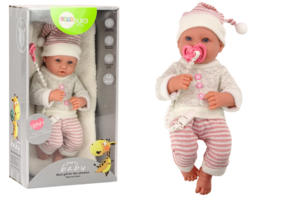 Levensechte babypop - grijze trui - beweegbare ledematen - incl accessoires