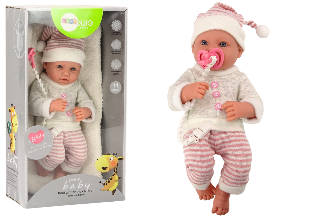 Levensechte babypop - grijze trui - beweegbare ledematen - incl accessoires