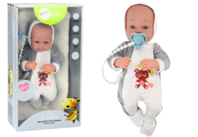 Speelgoed pop - grijze trui - beweegbare ledematen - incl. fopspeen