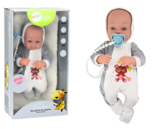 Speelgoed pop - grijze trui - beweegbare ledematen - incl. fopspeen