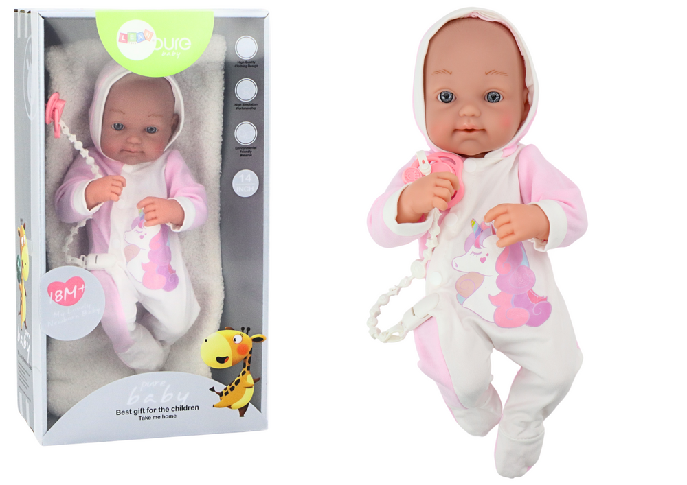 Levensechte babypop - 35x16x10cm - eenhoornmotief op kleding