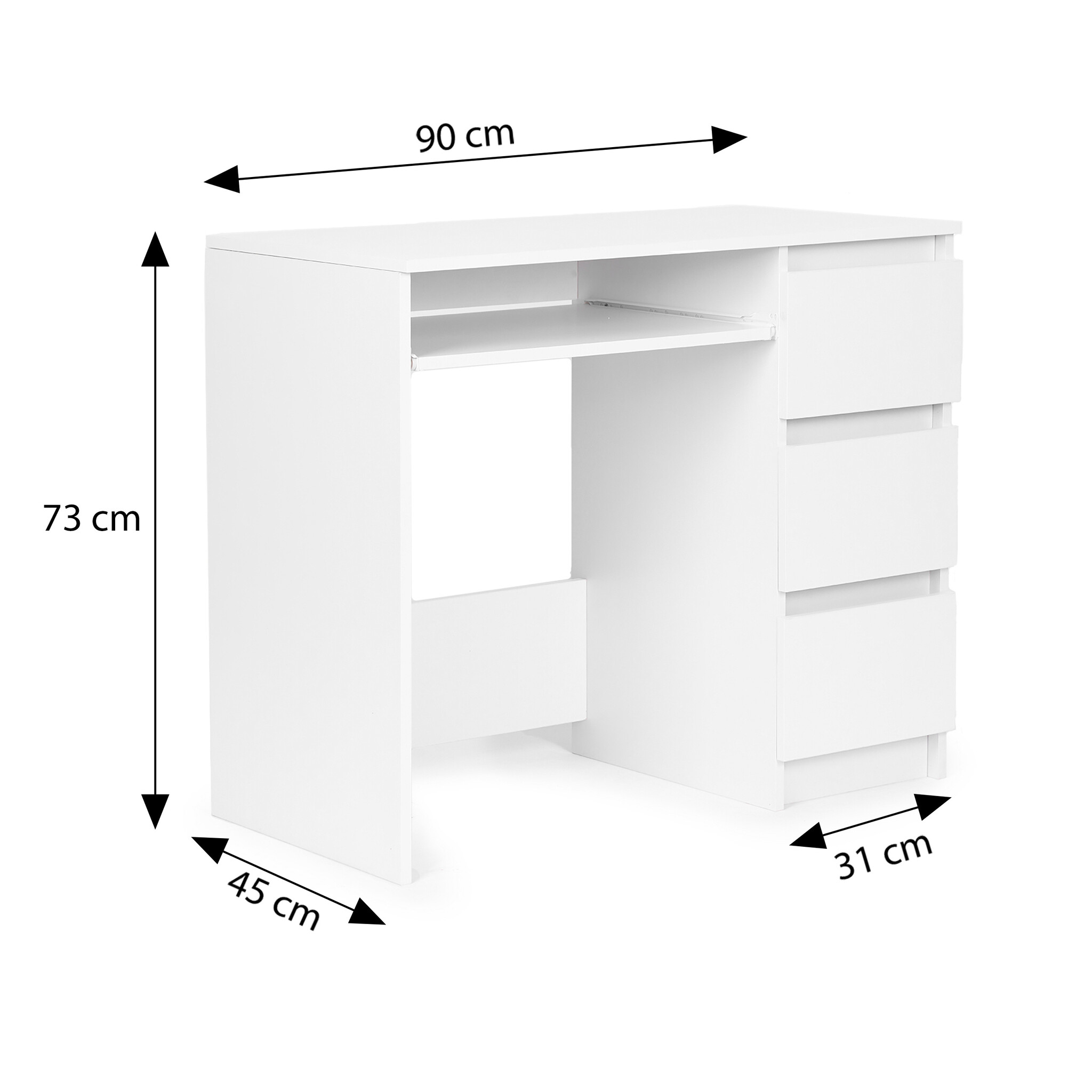 Computerbureau - wit - 90 x 45 cm - 3 laden