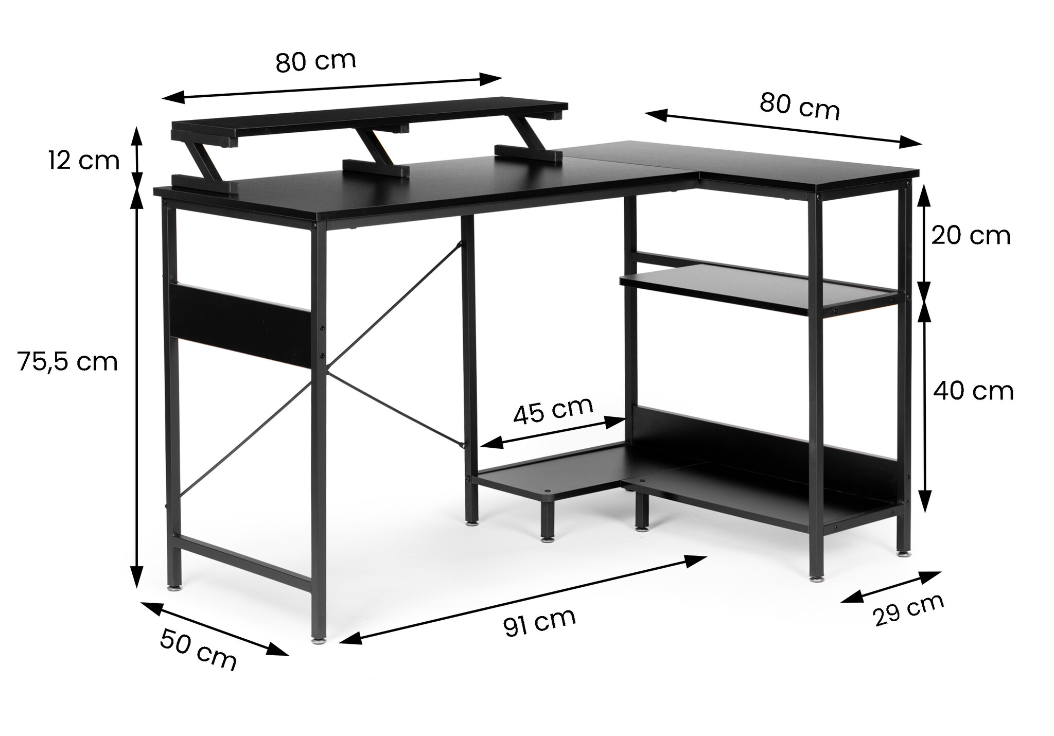 Hoekbureau - MDF tafelblad - metalen structuur - verstelbare voeten