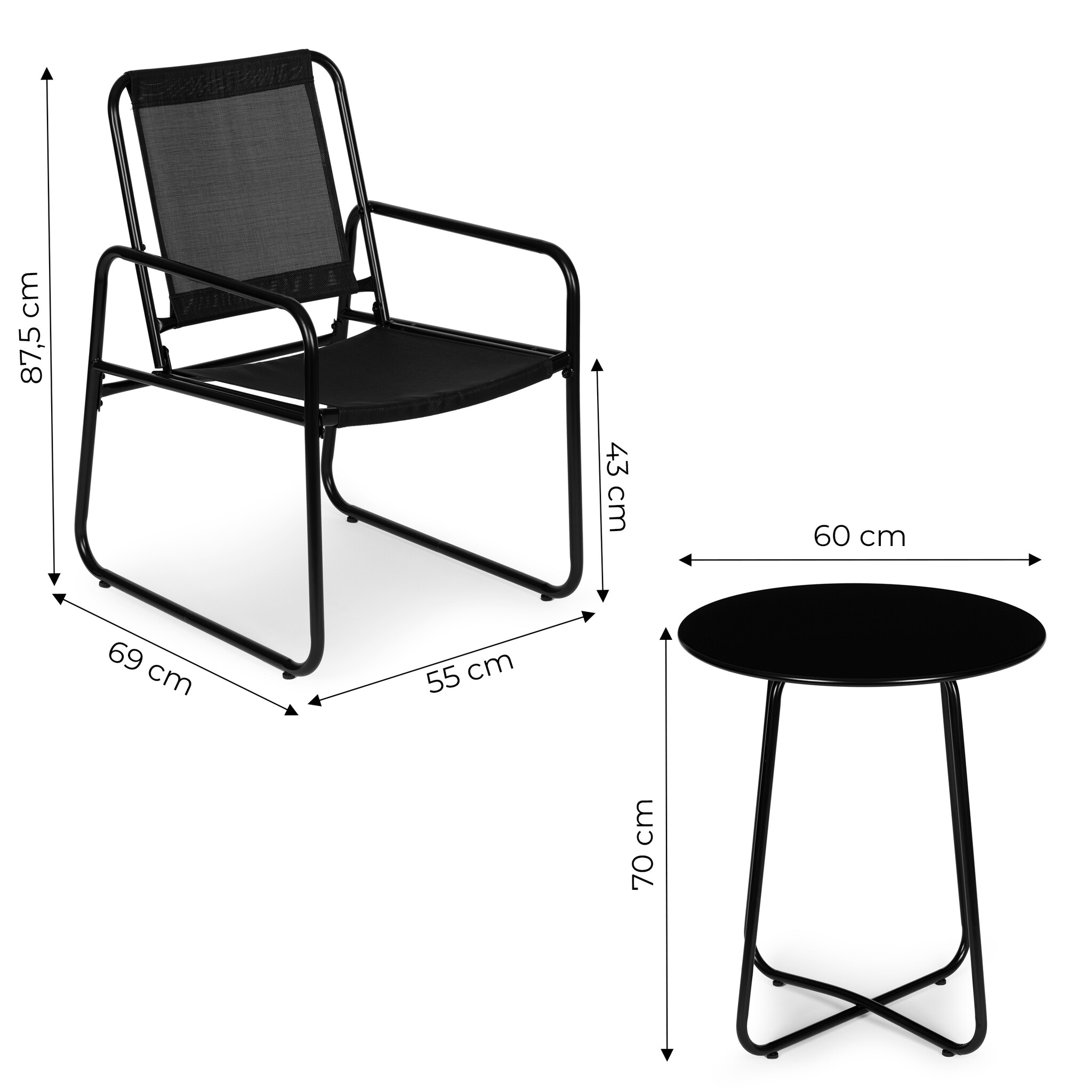 Tuinset - zwart - 2 stoelen - gepoedercoat staal