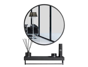 Ronde spiegel met plank - zwart - metaal en glas - 80 x 3,5 cm