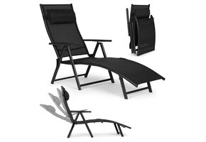 Tuinstoel - zwart - opvouwbaar - verstelbare rugleuning - 150-180x64x66-94.5 cm