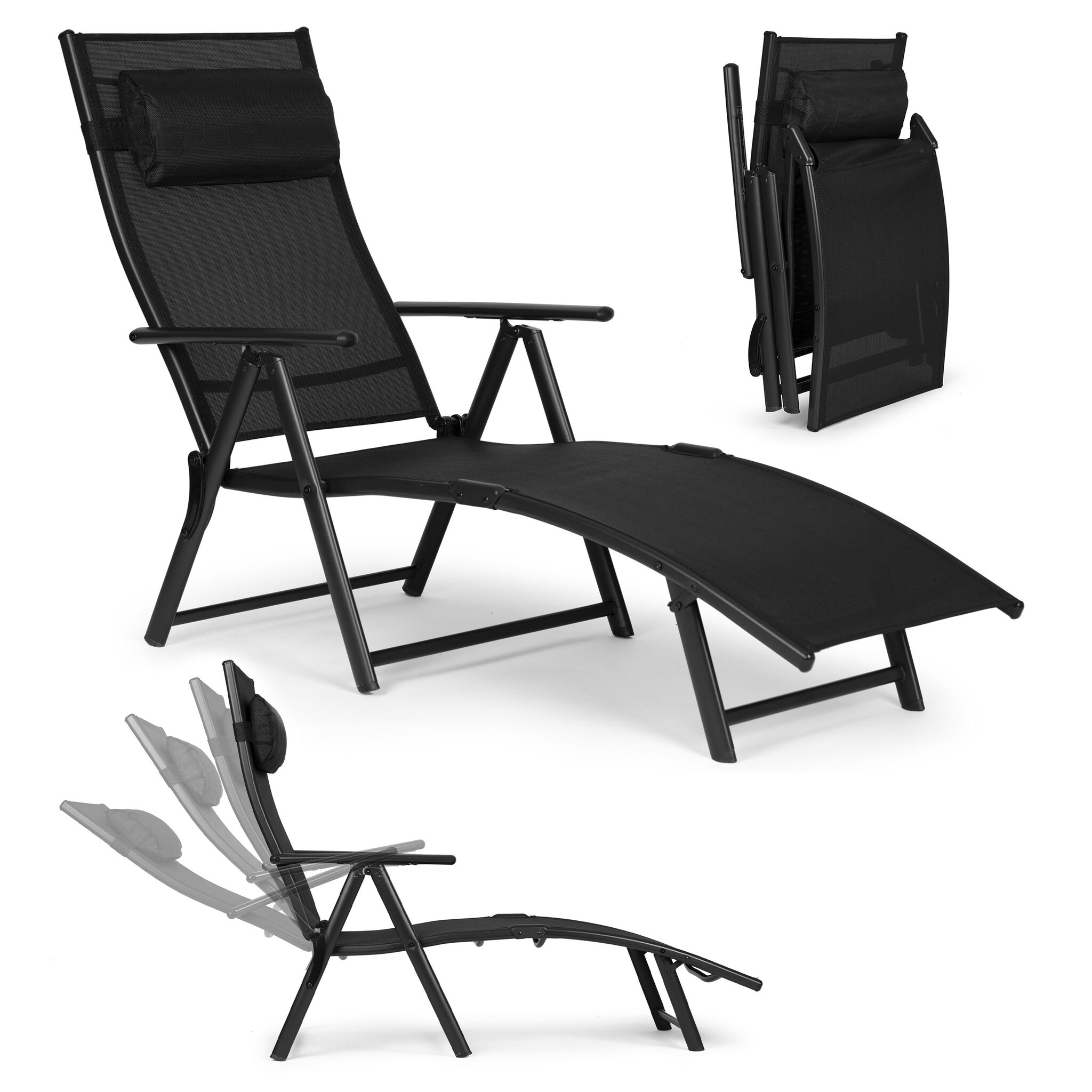 Tuinstoel - zwart - opvouwbaar - verstelbare rugleuning - 150-180x64x66-94.5 cm