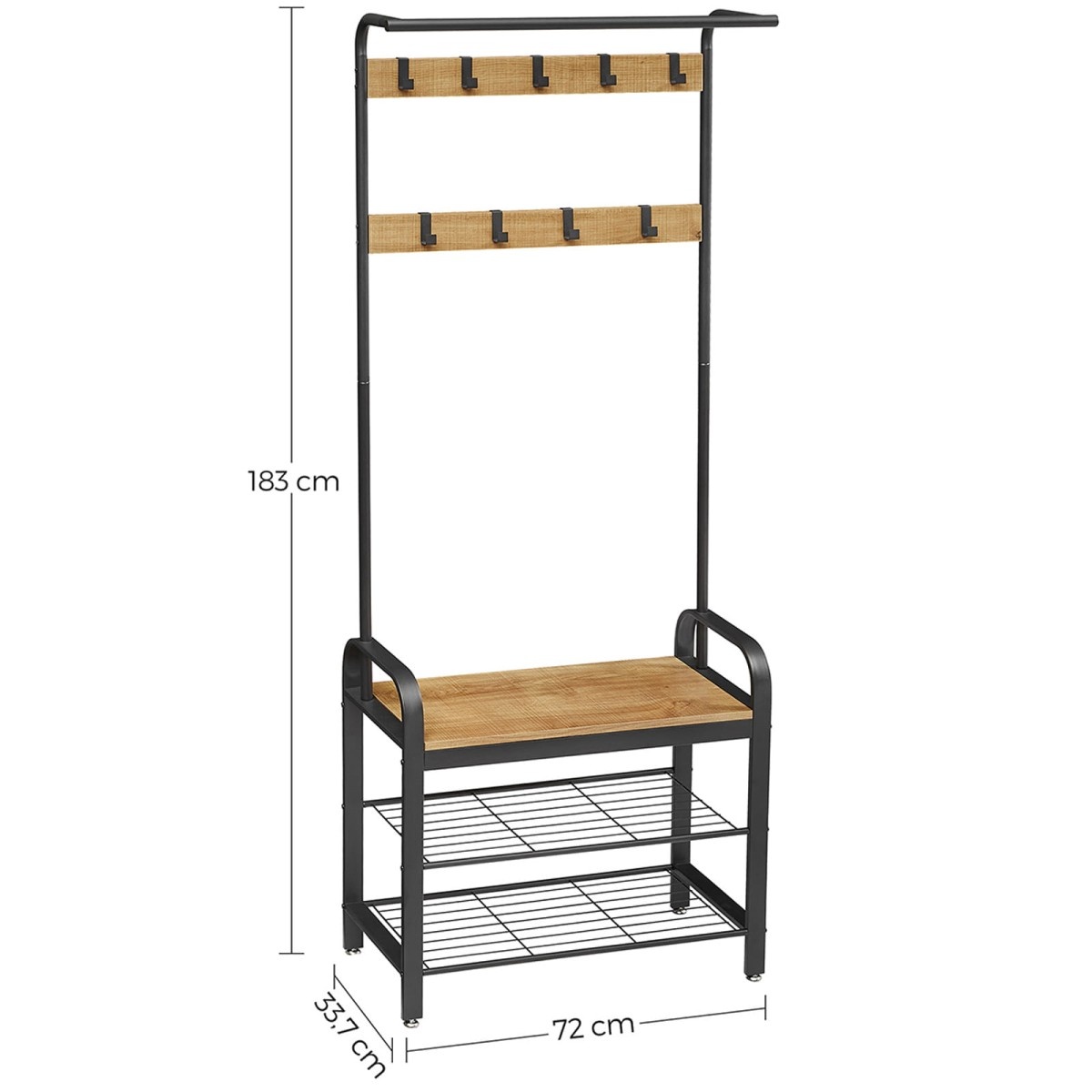 Kapstok met schoenenrek - honingbruin/zwart - 72x33.7x183 cm - zelfmontage