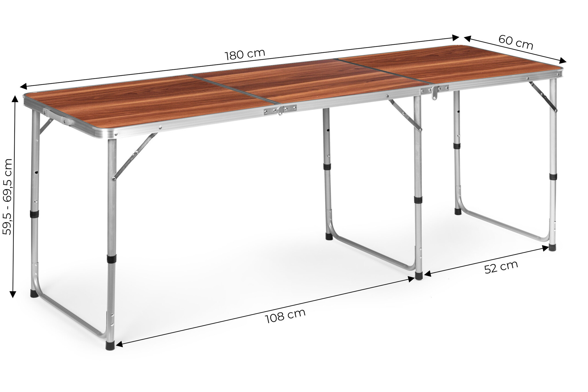 Inklapbare campingtafel - 180x60 cm - verstelbare hoogte - lichtgewicht