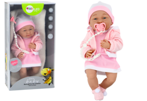Levensechte babypop - roze jurk - beweegbare ledematen - incl speen en quilt