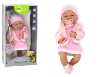 Levensechte babypop - roze jurk - beweegbare ledematen - incl speen en quilt