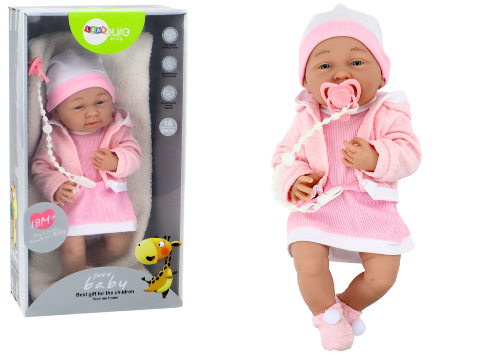 Levensechte babypop - roze jurk - beweegbare ledematen - incl speen en quilt