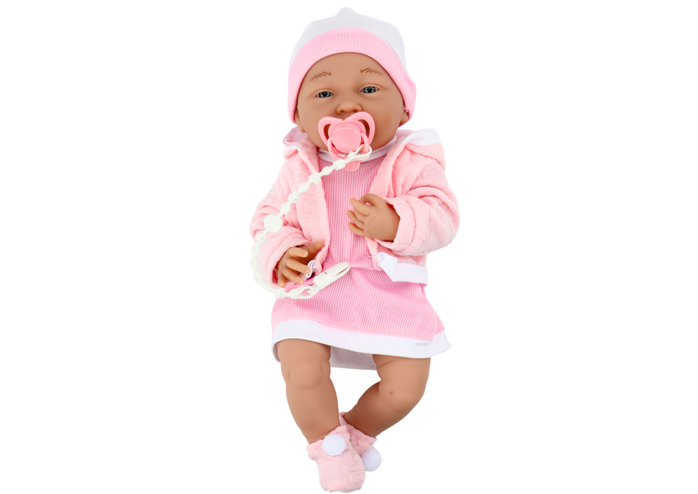 Levensechte babypop - roze jurk - beweegbare ledematen - incl speen en quilt