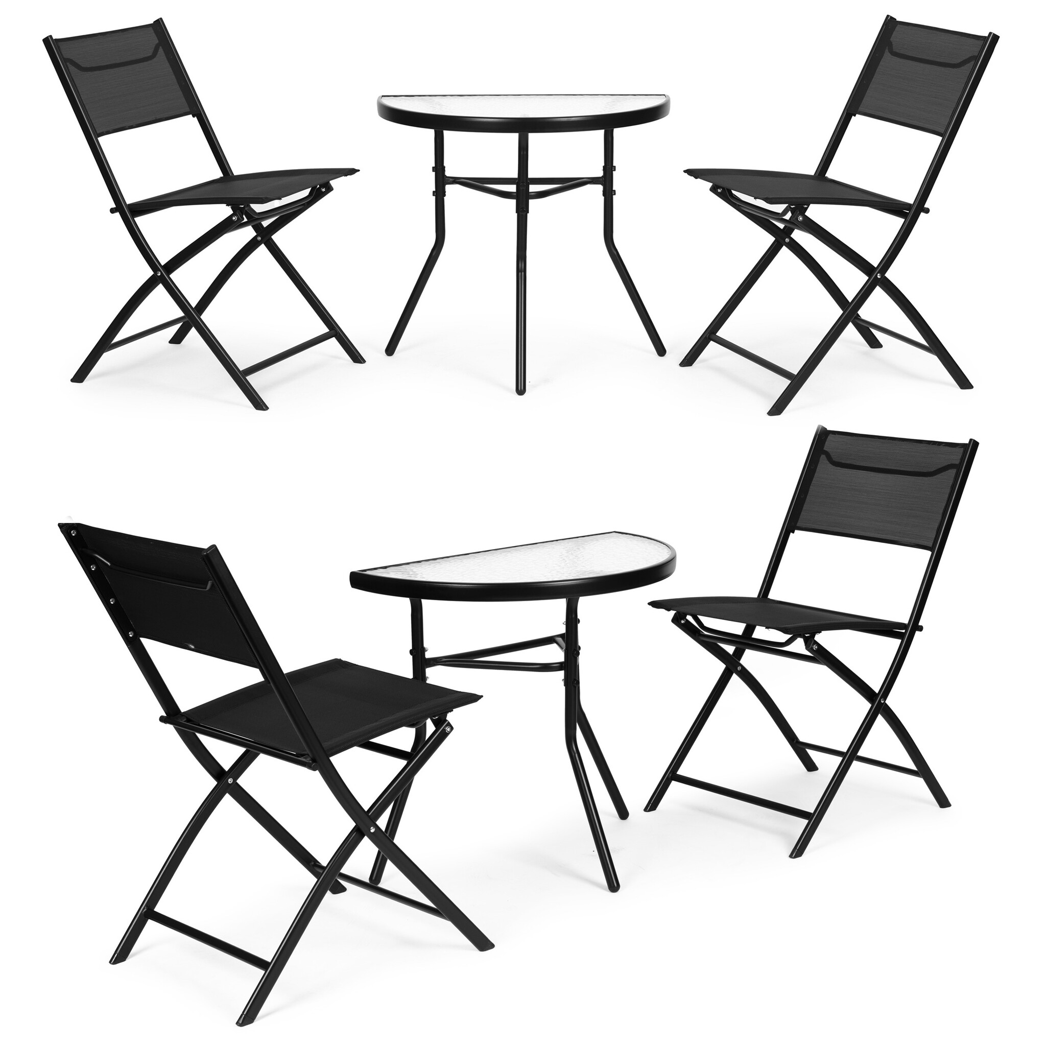 Tuinset - zwart metaal - gehard glas - opvouwbare stoelen