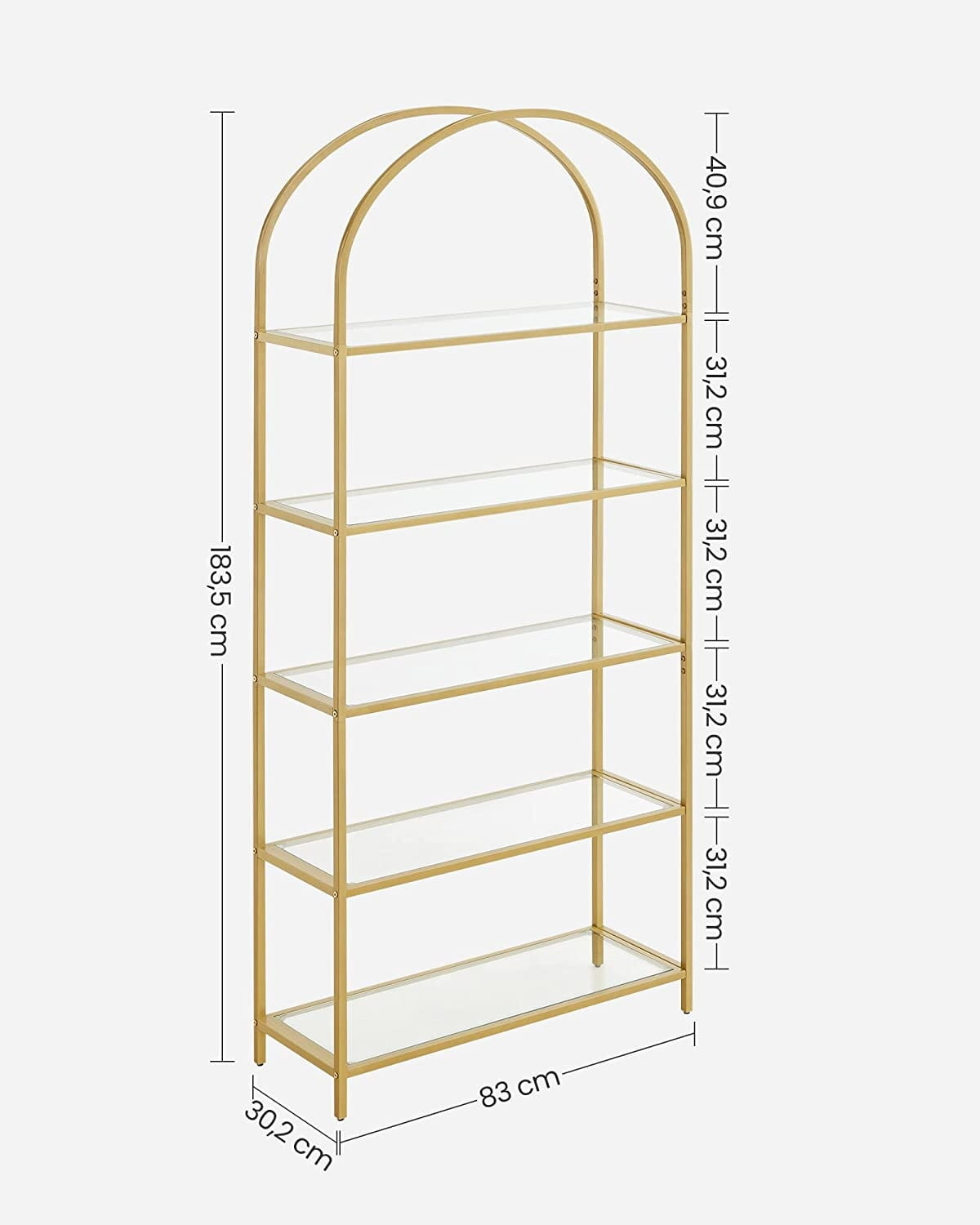 Boekenkast goud - staal en glas - 83 x 30,2 x 183,5 cm - zelfmontage