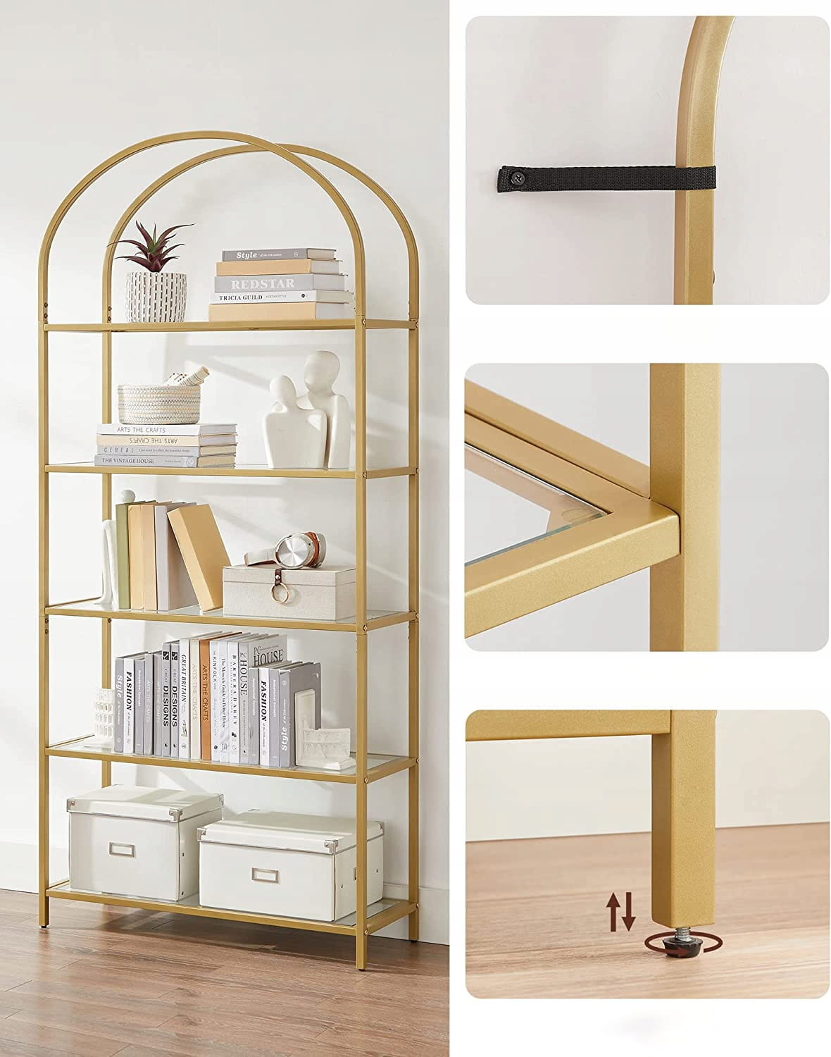 Boekenkast goud - staal en glas - 83 x 30,2 x 183,5 cm - zelfmontage