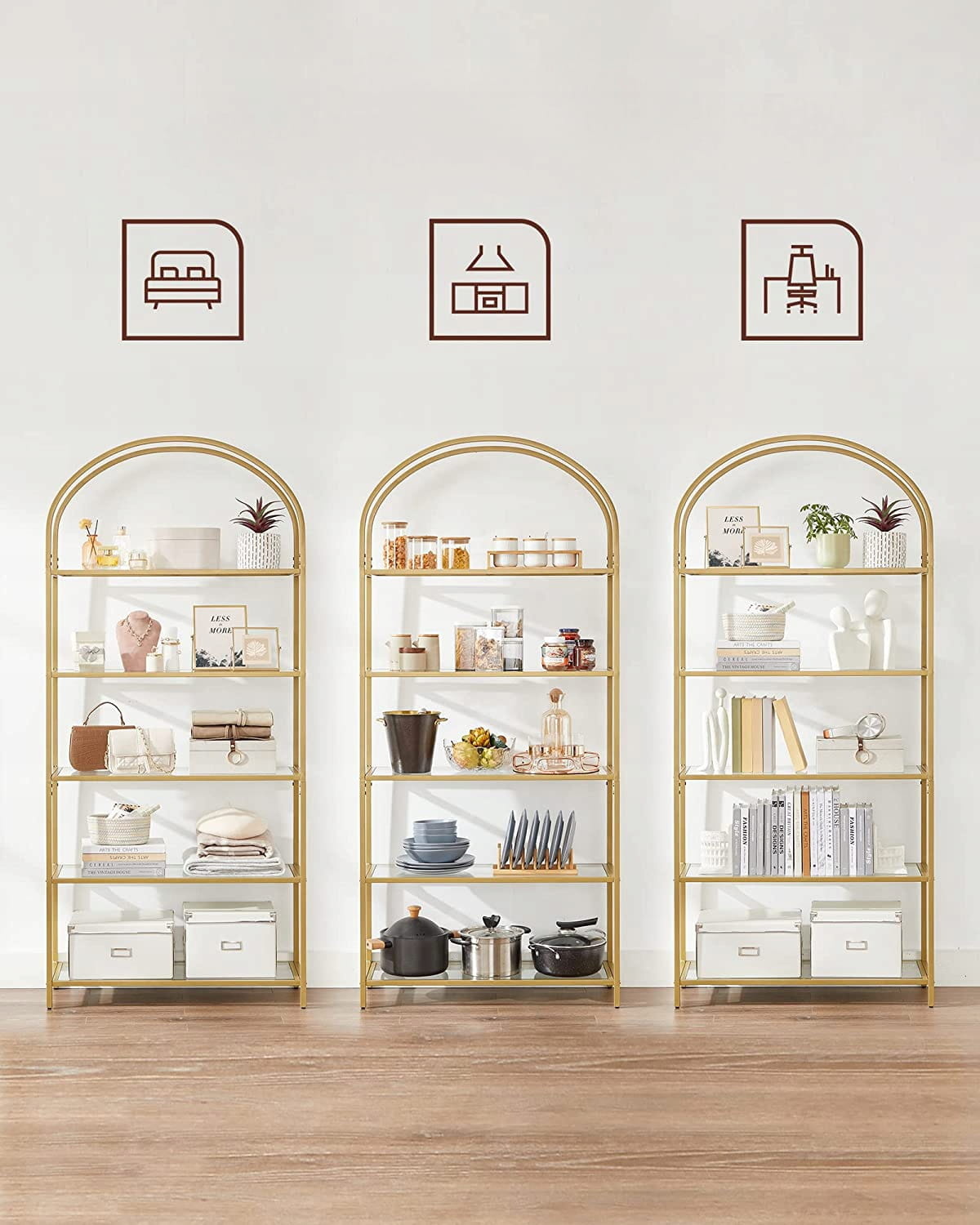 Boekenkast goud - staal en glas - 83 x 30,2 x 183,5 cm - zelfmontage