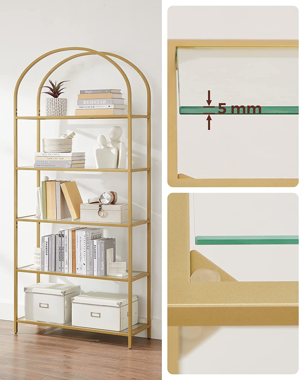 Boekenkast goud - staal en glas - 83 x 30,2 x 183,5 cm - zelfmontage