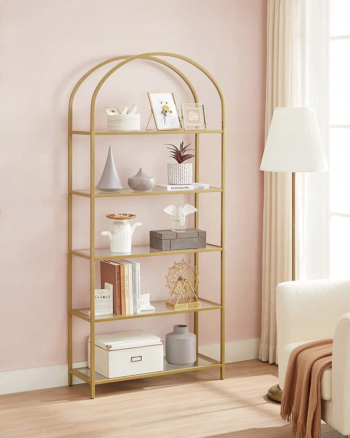 Boekenkast goud - staal en glas - 83 x 30,2 x 183,5 cm - zelfmontage