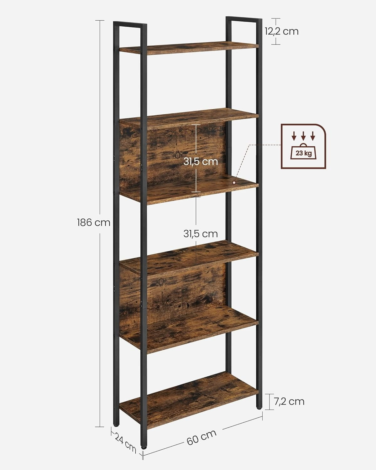 Industriële boekenkast - rustiek bruin - 60 x 24 x 186 cm - 23 kg/plank