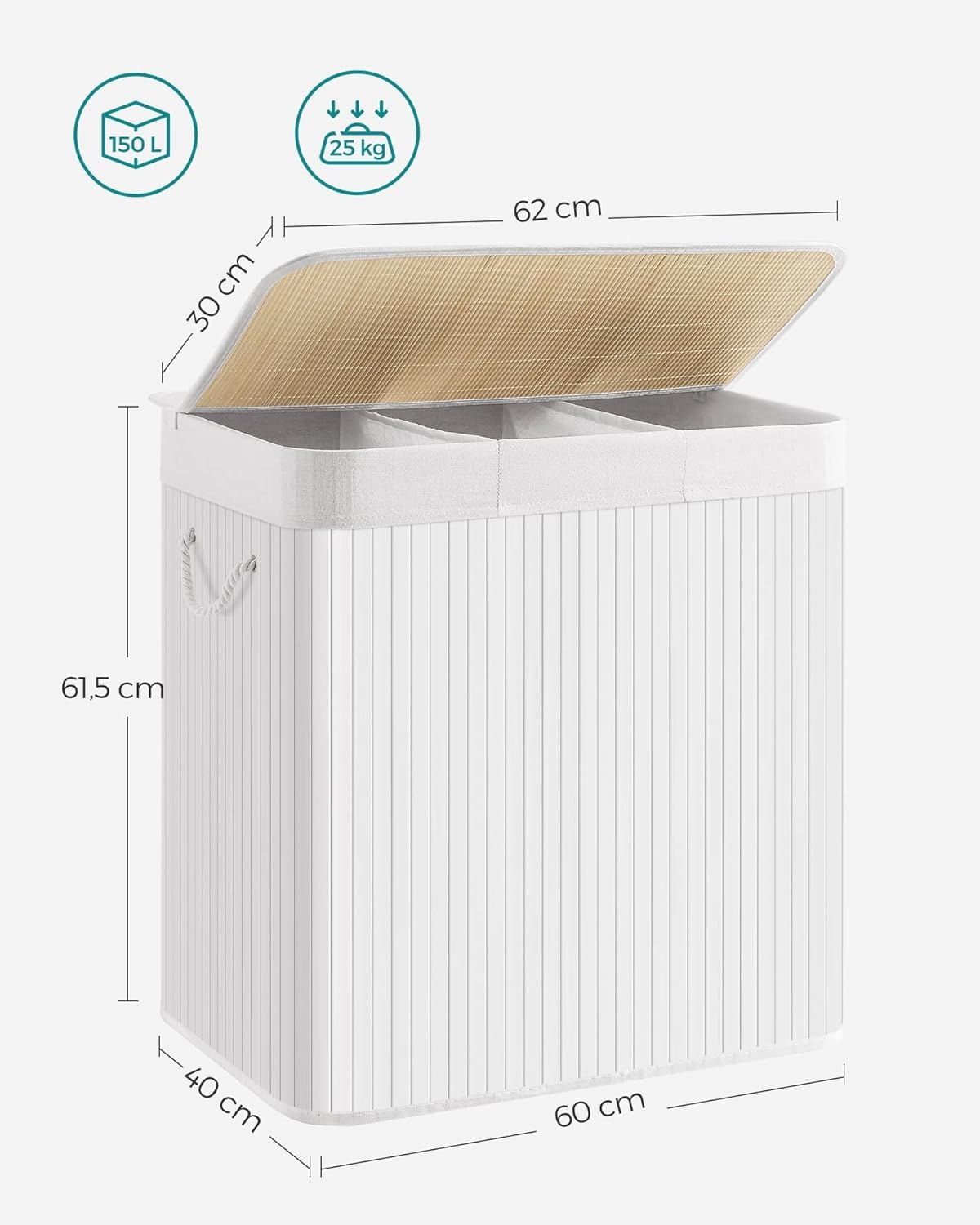 Wasmand bamboe - wit - 60 x 40 x 61.5 cm - 150 liter