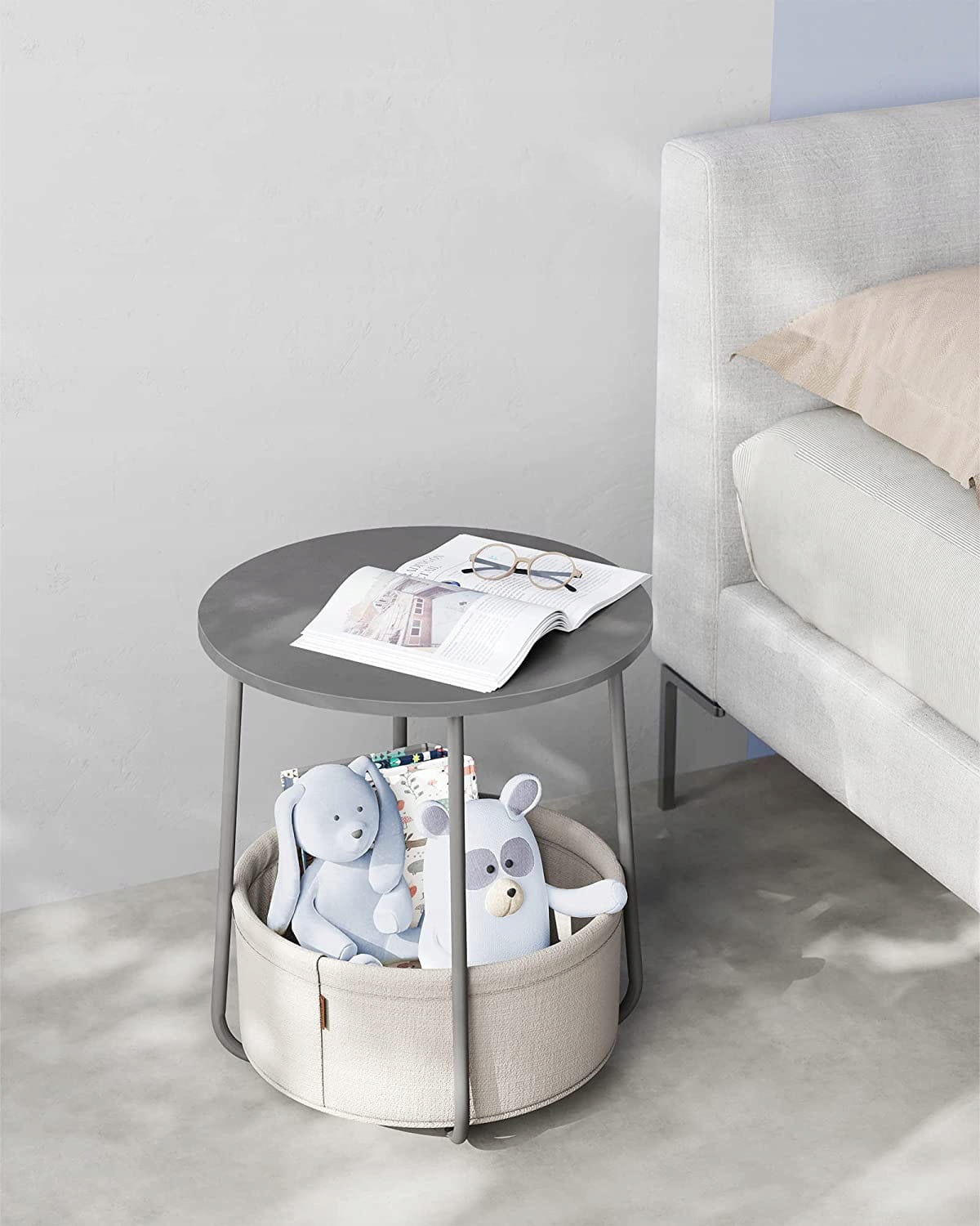 Salontafel rond - cementgrijs - 45x50 cm - met opbergmand