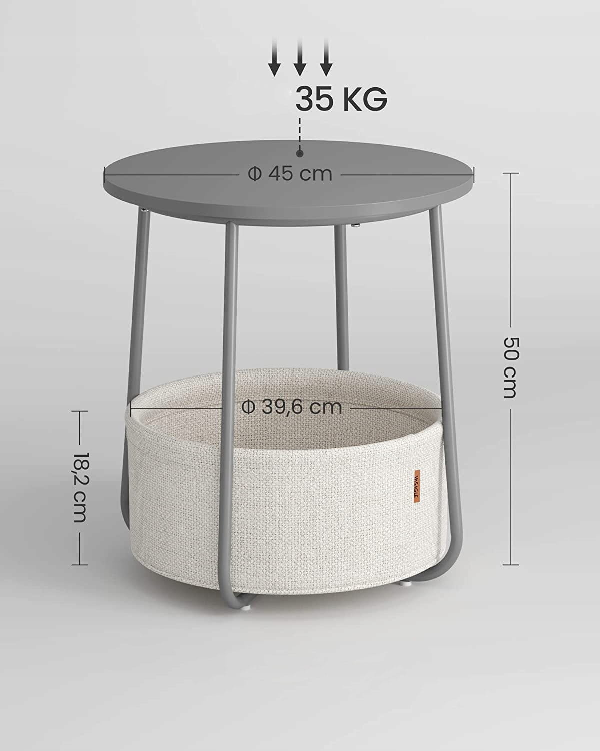 Salontafel rond - cementgrijs - 45x50 cm - met opbergmand