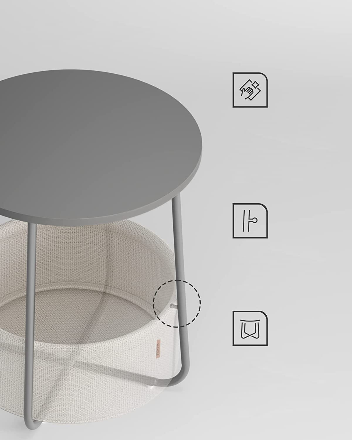 Salontafel rond - cementgrijs - 45x50 cm - met opbergmand