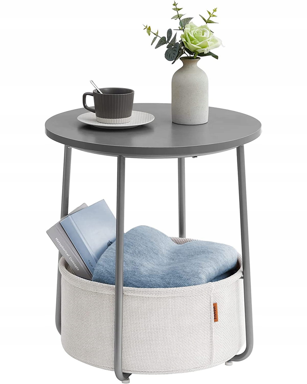 Salontafel rond - cementgrijs - 45x50 cm - met opbergmand