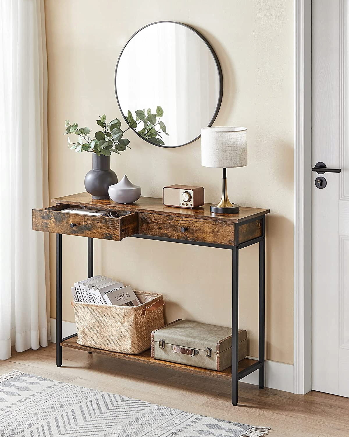 Industriële sidetable - rustiek bruin - 100x30x80 cm - 2 lades