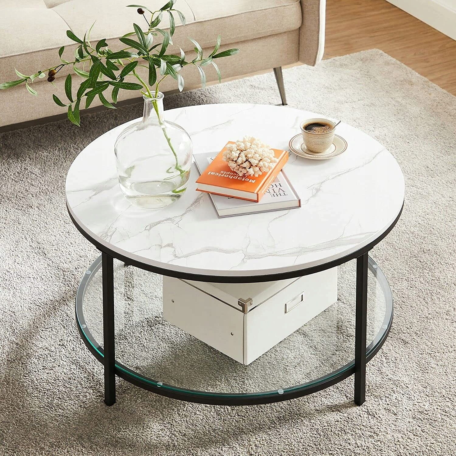 Marmer salontafel - wit/zwart - 80x45,5 cm - max. 30 kg