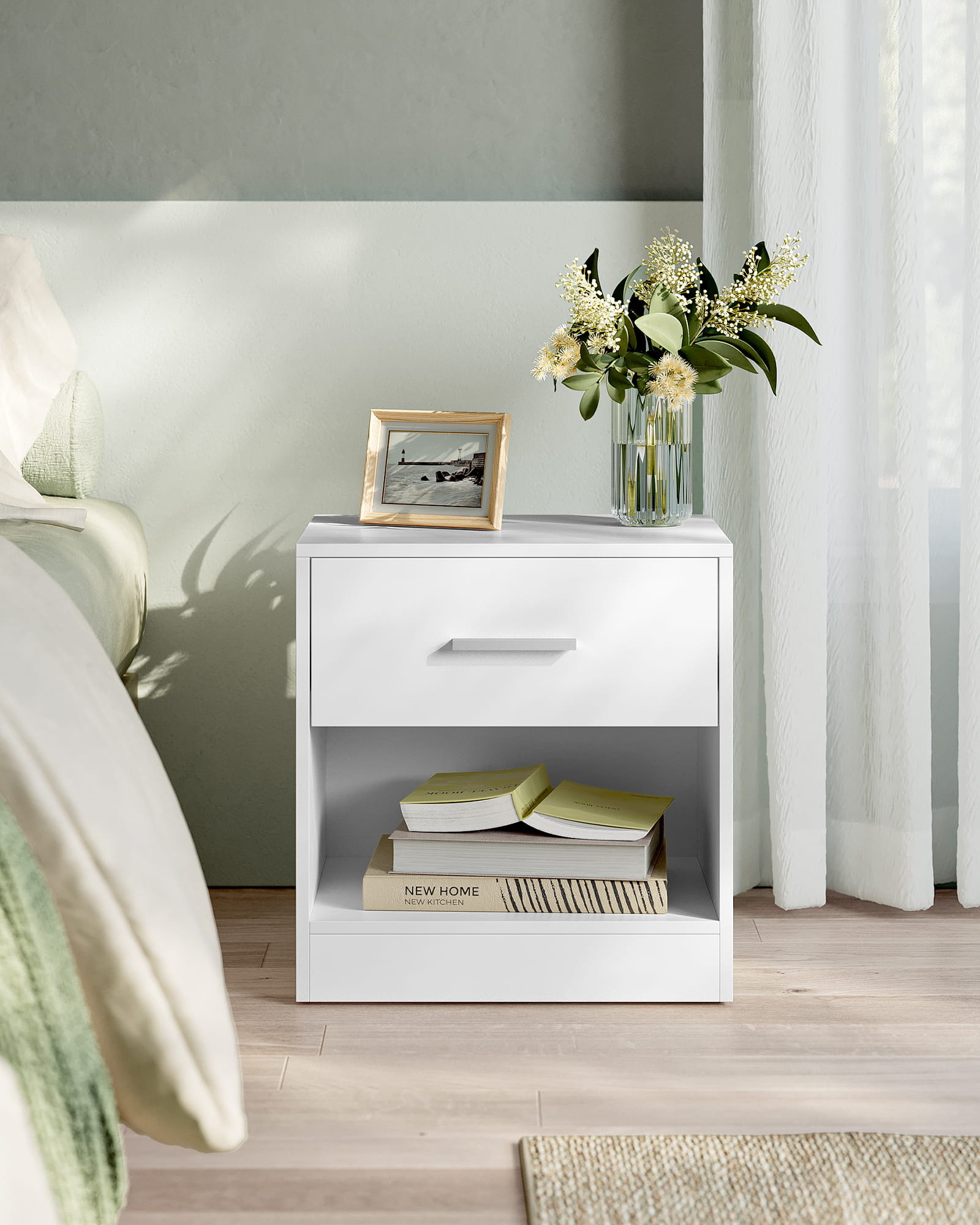 Nachtkastje wit - spaanplaat - 28x39x41 cm - lade en plank