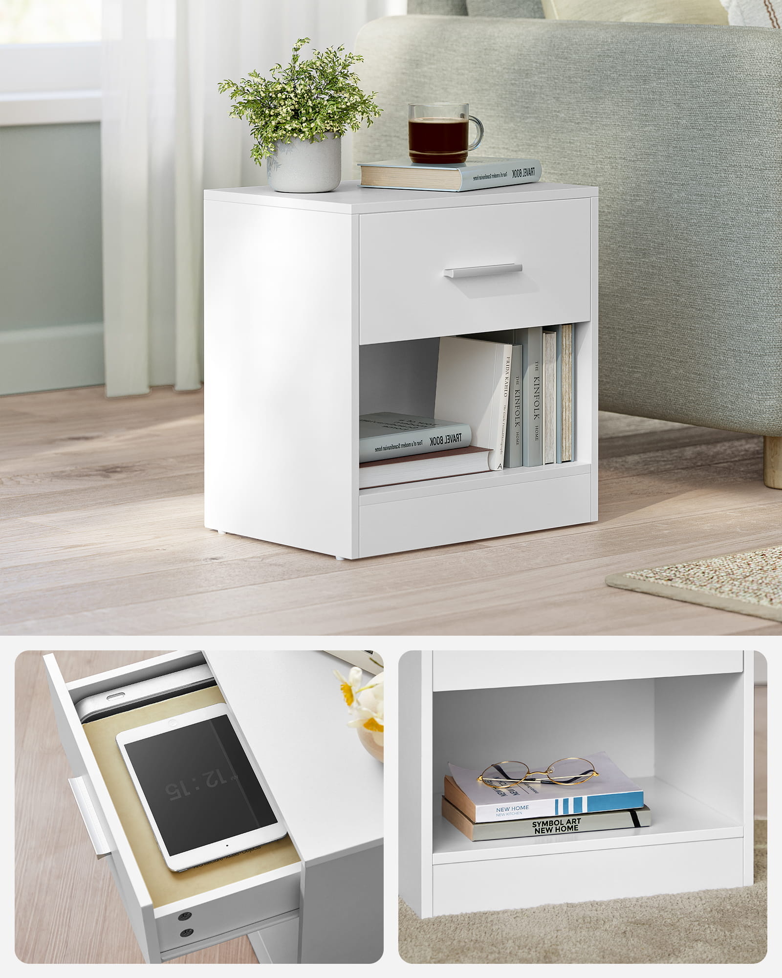 Nachtkastje wit - spaanplaat - 28x39x41 cm - lade en plank