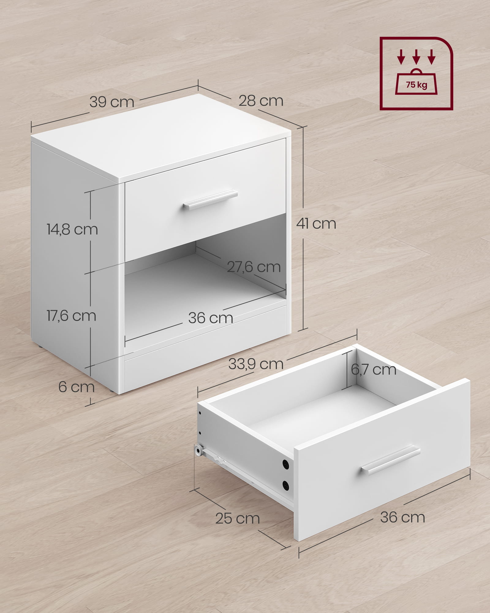 Nachtkastje wit - spaanplaat - 28x39x41 cm - lade en plank