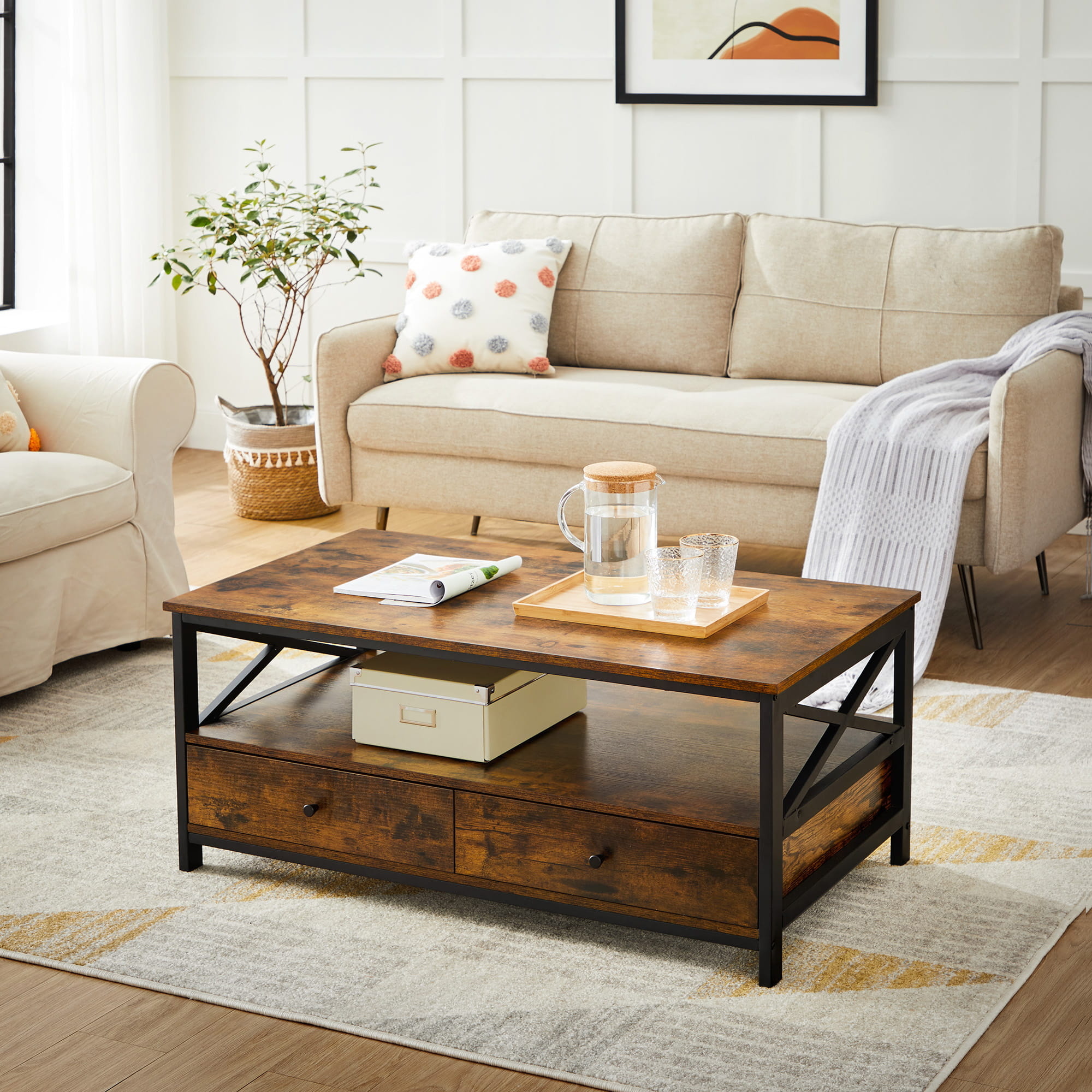 Salontafel - rustiek bruin - 100x55x47 cm - 2 laden