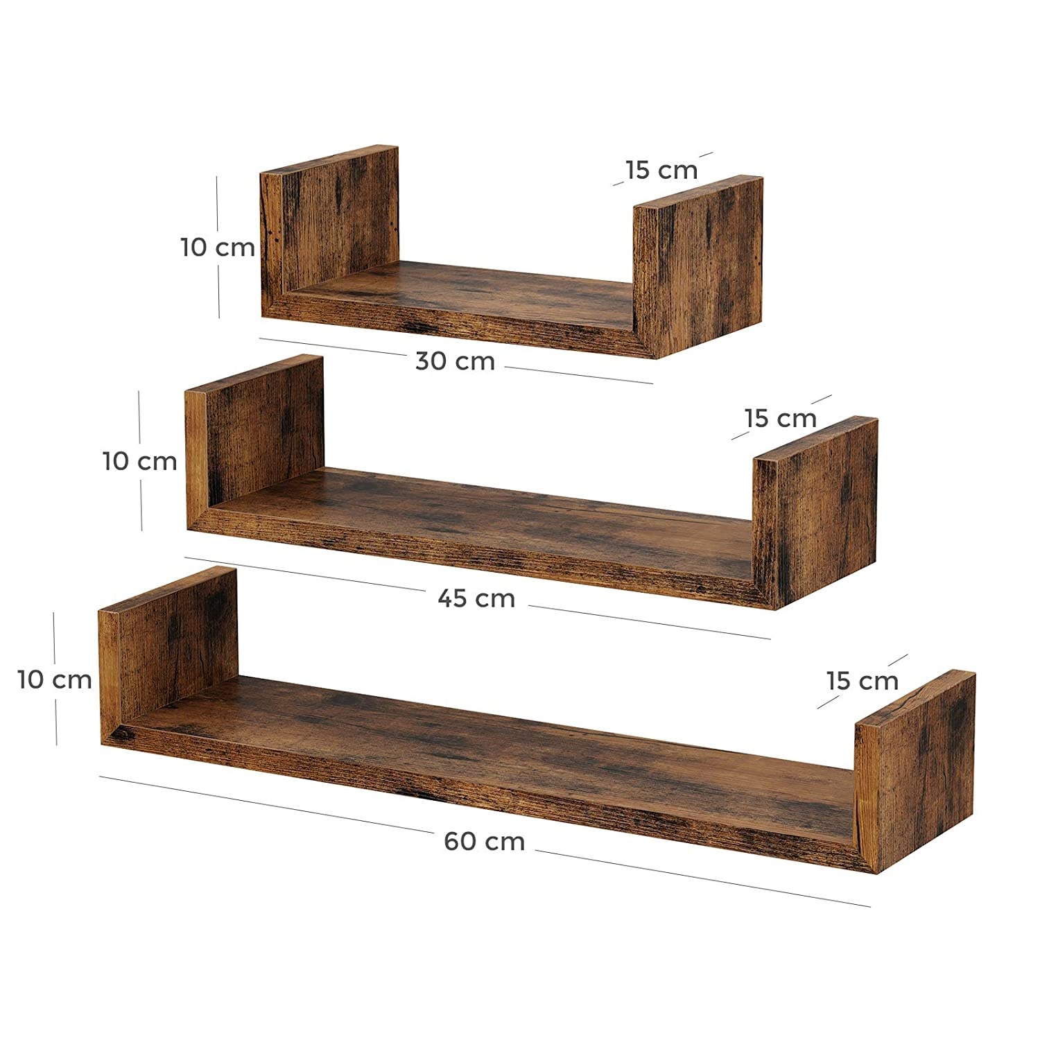Zwevende wandplank - set van 3 - rustiek bruin - spaanplaat