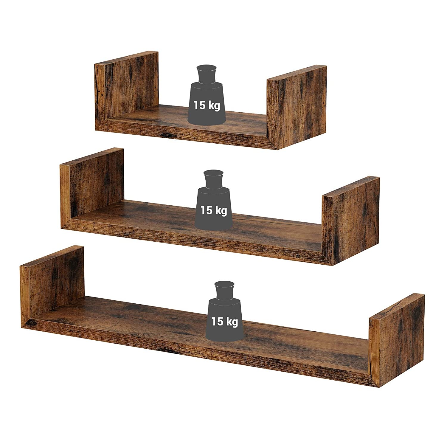 Zwevende wandplank - set van 3 - rustiek bruin - spaanplaat