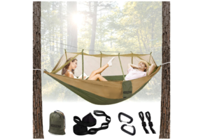 Hangmat met klamboe - 100% nylon - groen beige - max. 180 kg belasting