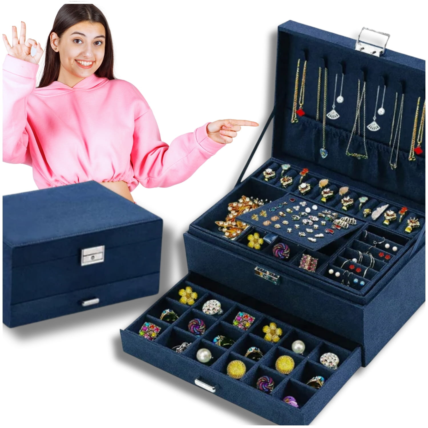 Sieradendoosje - kobaltblauw - 11.5 x 24 x 17 cm - ecologisch leer