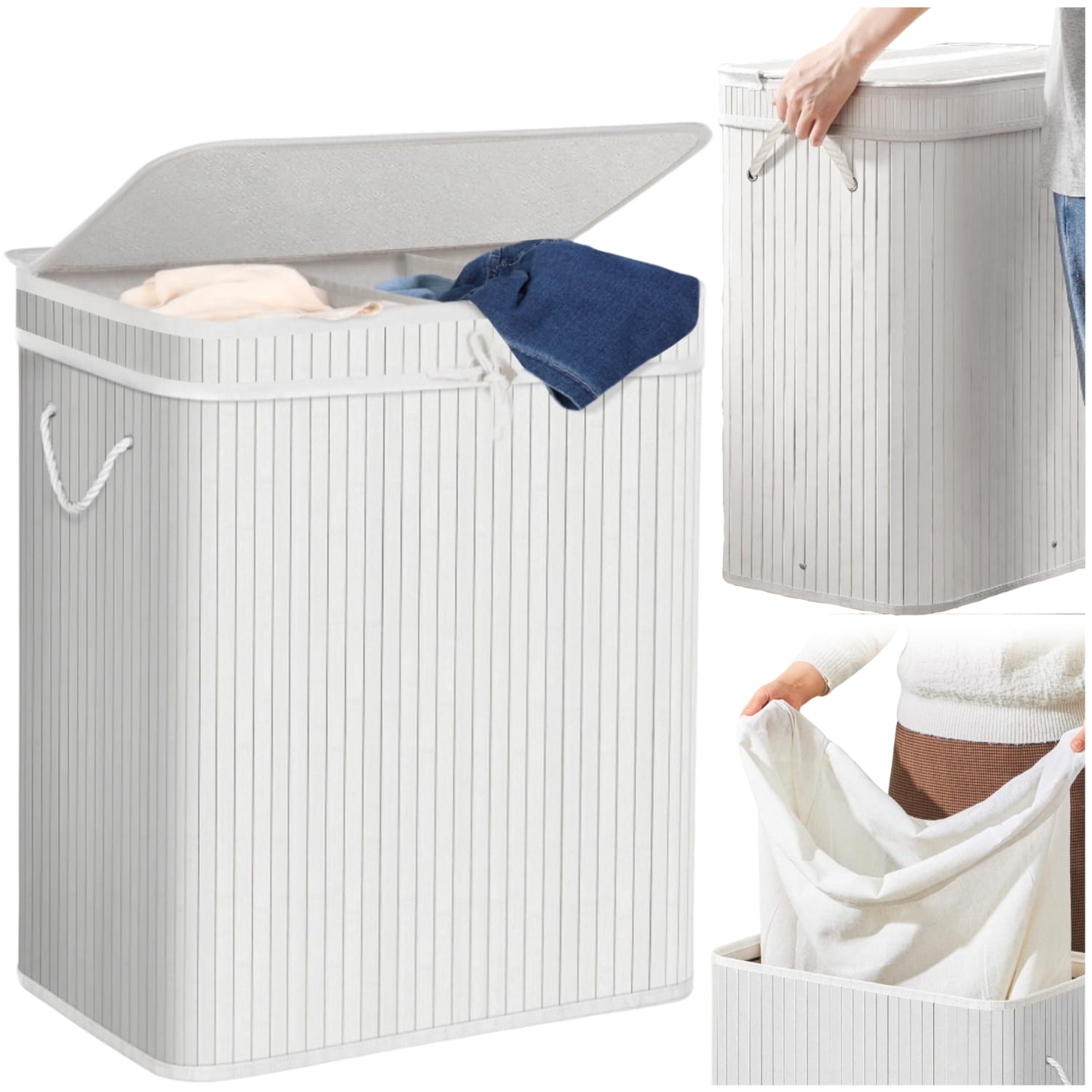 Wasmand bamboe - 3 vakken - 100 liter - afneembaar deksel