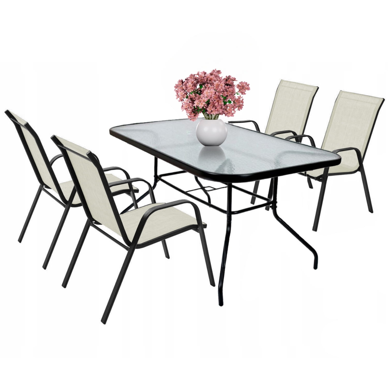 Tuinset 4 personen - glazen tafel - beige stoelen - weerbestendig