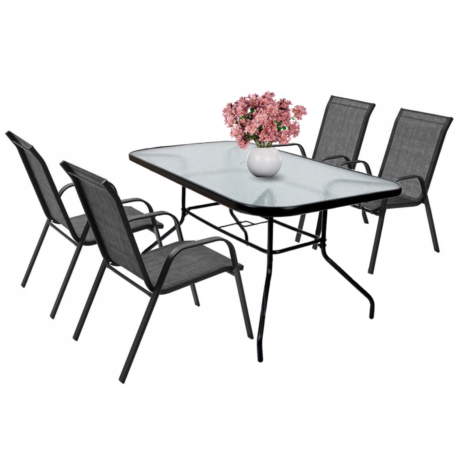 Tuinset 4 personen - glazen tafel - zwart metaal - weerbestendig