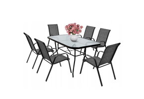 Tuinset 6 personen - glazen tafel - zwarte stoelen - 140x80 cm tafel