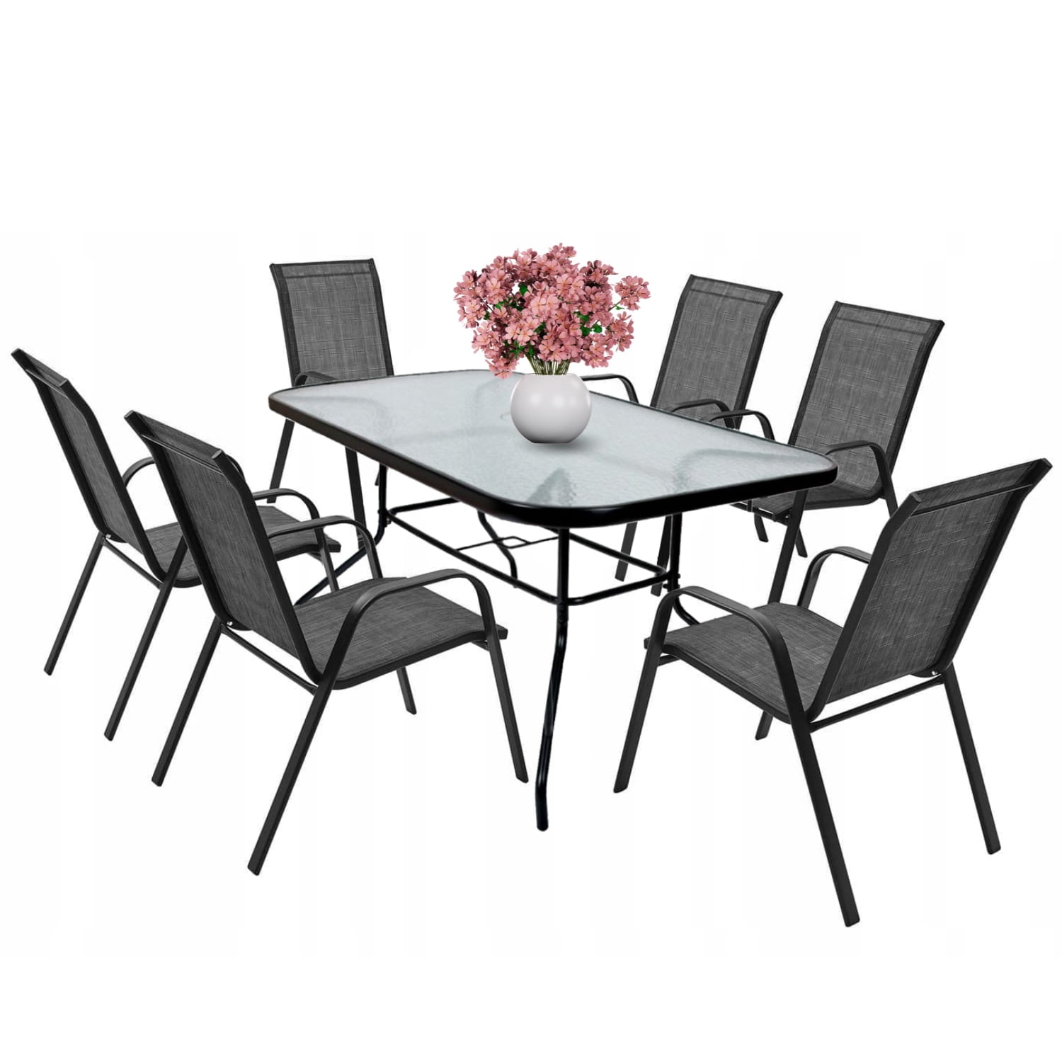 Tuinset 6 personen - glazen tafel - zwarte stoelen - 140x80 cm tafel