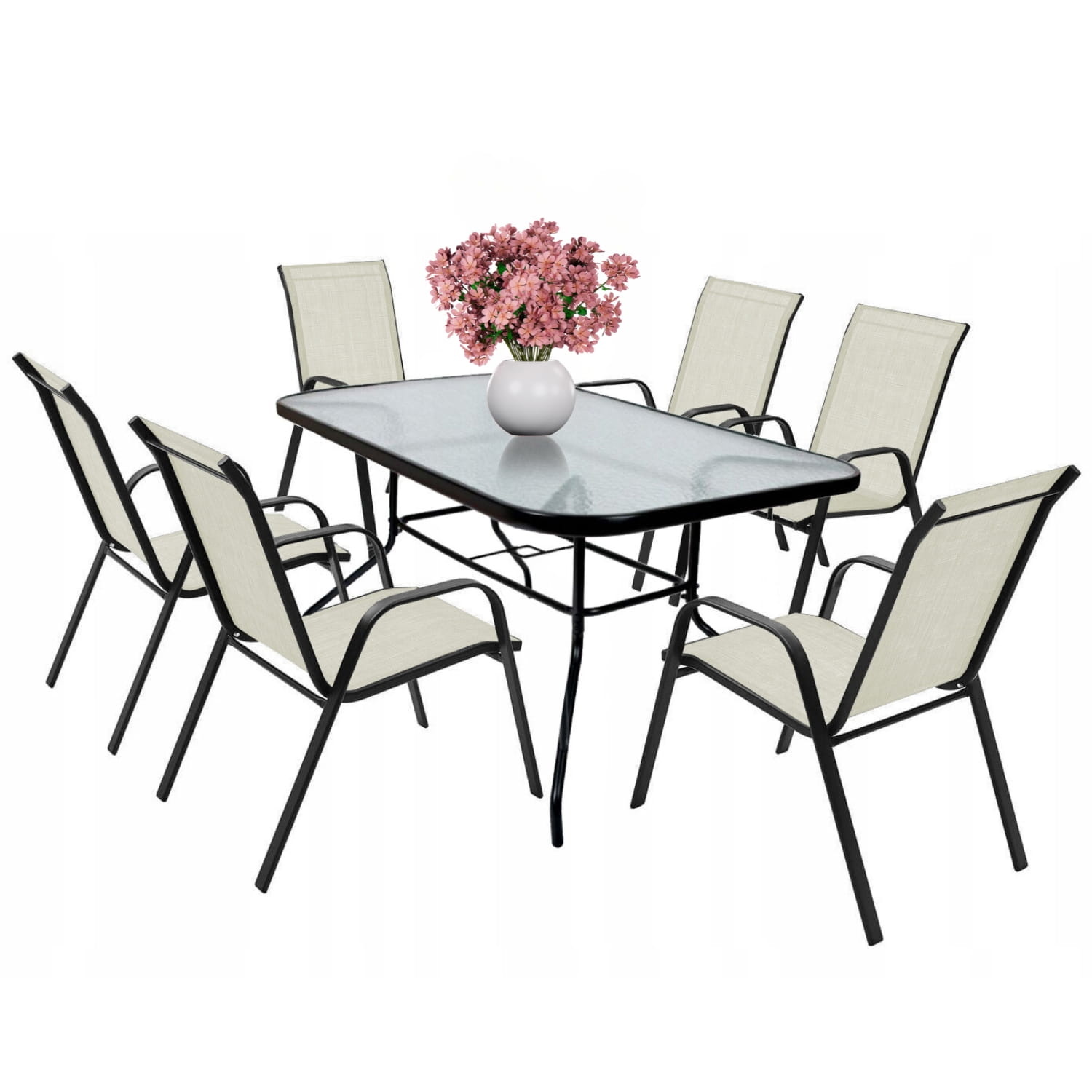 Tuinset 6 personen - glazen tafel - beige stoelen - stapelbaar