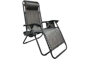 Ligbed tuin - grijs - 175x52/65cm - inklapbaar - met tafel en krantenhouder