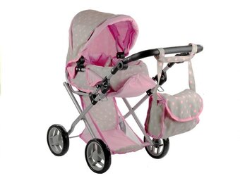 Poppenwagen - beige met roze stippen - verstelbare handgreep - omzetbaar in wandelwagen